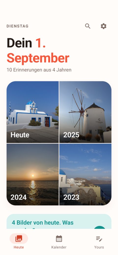 Die Tagesübersicht: Überschrift „Dein 1. September“, darunter vier Fotos desselben Kalendertags aus den Jahren 2023 bis heute.