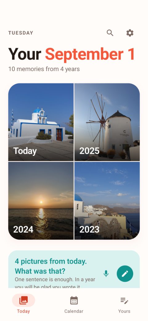 The day view: the heading “Your 1 September”, below it four photos of the same calendar day from 2023 onwards.
