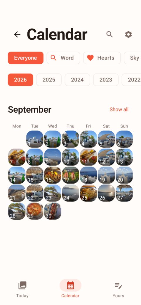 The month view: a calendar grid in which every day of September carries the photo that was taken on it.