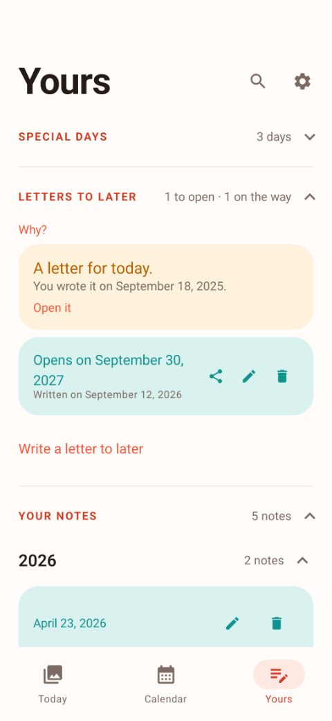The “Letters to later” view showing sealed letters and the date each one opens.