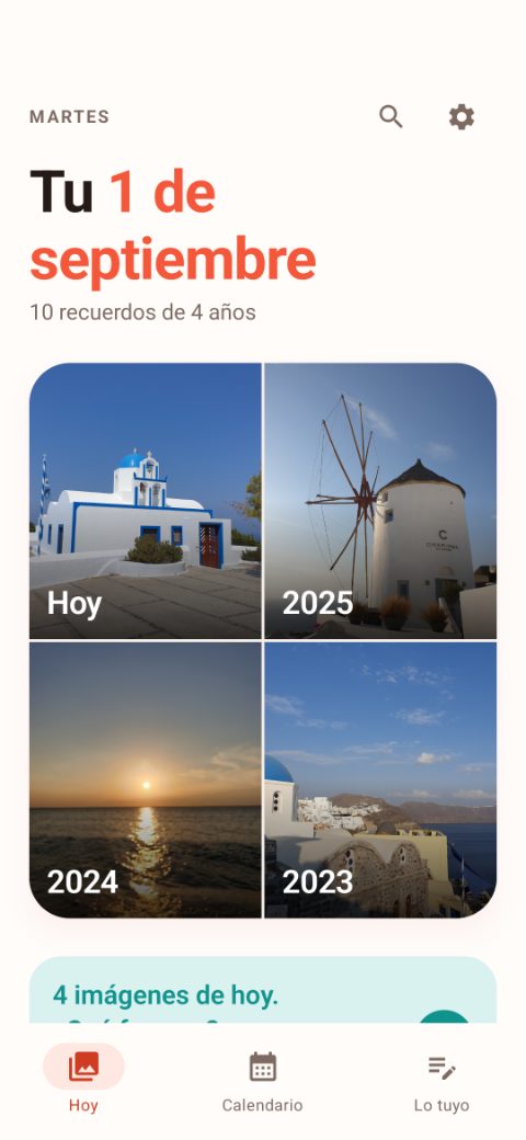 La vista del día: el título «Tu 1 de septiembre» y debajo cuatro fotos de esa misma fecha, de 2023 hasta hoy.
