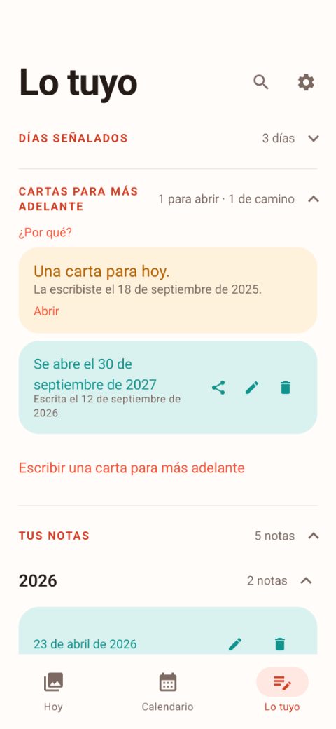 La vista «Cartas para más adelante», con cartas cerradas y la fecha en que cada una se abre.